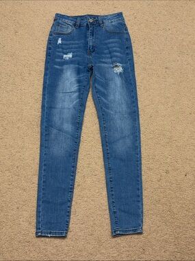 Mid-Wash Distressed High-Rise Skinny Jeans for Women